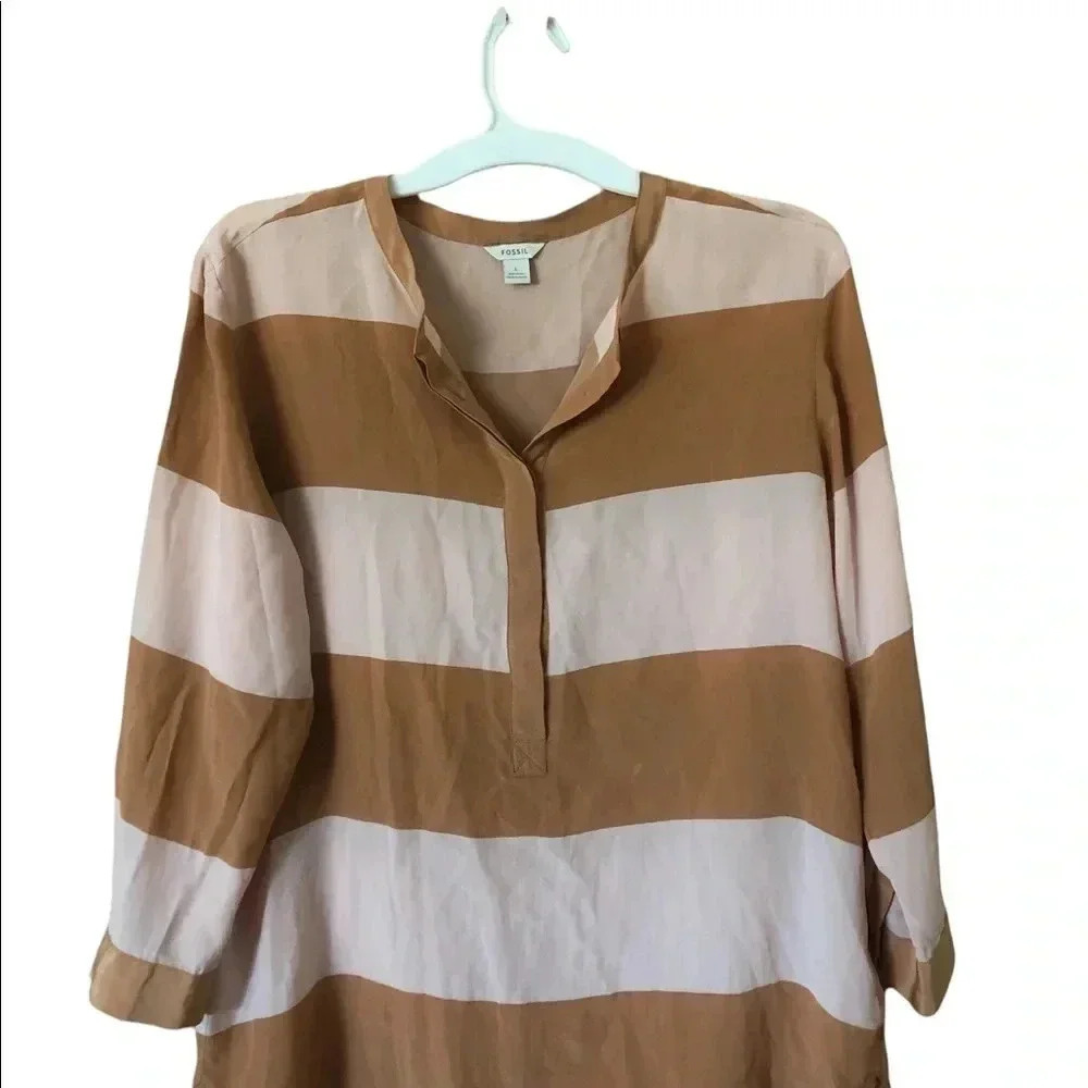 Fossil neutral striped Crew Neck silk  Blouse classic preppy timeless Old Money - Picture 11 of 15
